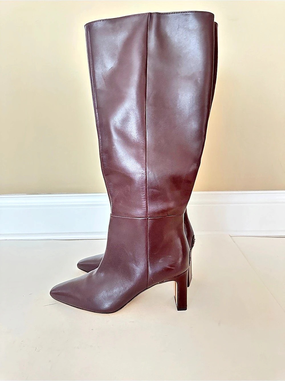 NEW Sam Edelman Sylvia Dark Brown Leather Knee High Heel Boot Sz 8 Wide Calf